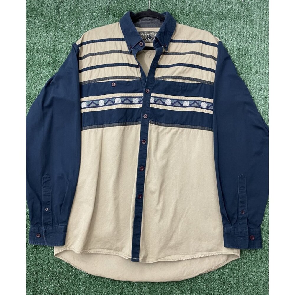 Vintage Spindle River Western Shirt Men's Size Large Aztec Button Up Blue Beige